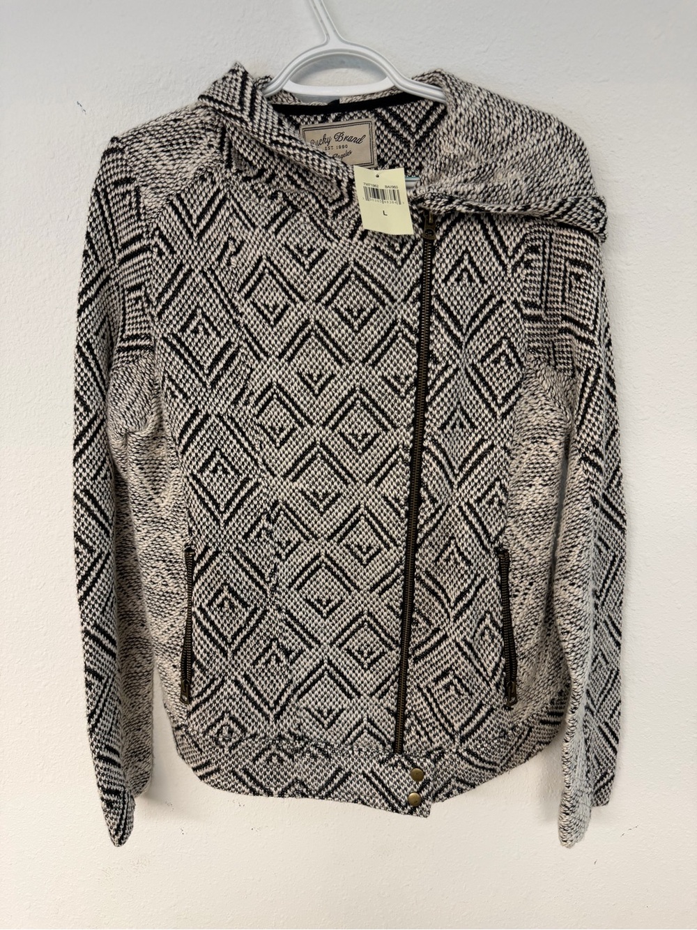 Lucky Brand Black & Cream Geometric Knit Zip Hoodie